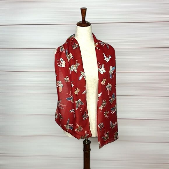 Metropolitan Museum of Art Silk Red Doubled Scarf Butterflies Print Italy - Picture 8 of 12